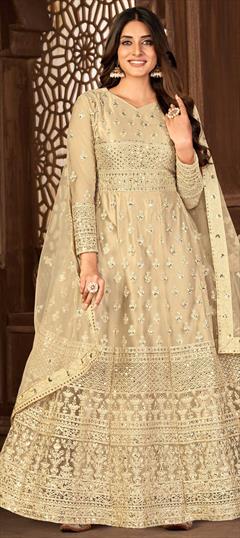 Festive, Reception Beige and Brown color Salwar Kameez in Net fabric with Anarkali Embroidered, Sequence, Thread work : 1855671
