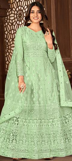 Festive, Party Wear Green color Salwar Kameez in Net fabric with Anarkali Embroidered, Sequence, Thread work : 1855672