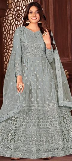 Festive, Reception Black and Grey color Salwar Kameez in Net fabric with Anarkali Embroidered, Sequence, Thread work : 1855675