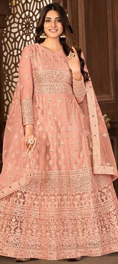 Festive, Reception Pink and Majenta color Salwar Kameez in Net fabric with Anarkali Embroidered, Sequence, Thread work : 1855677