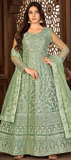 Festive, Party Wear Green color Salwar Kameez in Net fabric with Anarkali Embroidered, Resham, Sequence, Thread work : 1855687