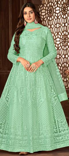 Festive, Party Wear Green color Salwar Kameez in Net fabric with Anarkali Embroidered, Resham, Sequence, Thread work : 1855696