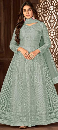 Festive, Party Wear Green color Salwar Kameez in Net fabric with Anarkali Embroidered, Resham, Sequence, Thread work : 1855698