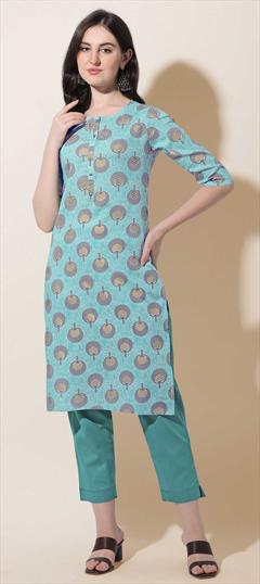 Casual Blue color Kurti in Rayon fabric with Long Sleeve, Straight Printed work : 1855747