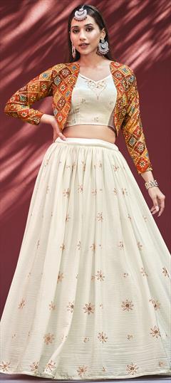 Wedding Beige and Brown color Lehenga in Chiffon fabric with A Line Embroidered, Sequence, Thread work : 1855749