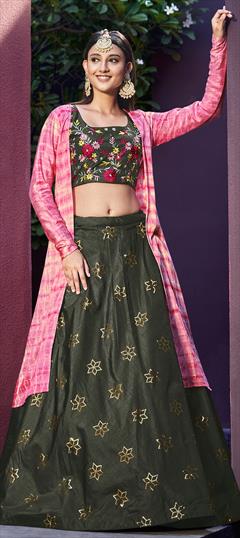 Wedding Green color Lehenga in Art Silk fabric with A Line Embroidered, Sequence, Thread work : 1855758
