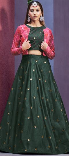 Wedding Green color Lehenga in Art Silk fabric with A Line Embroidered, Mirror, Sequence, Thread work : 1855760