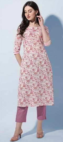 Casual Pink and Majenta, White and Off White color Kurti in Cotton fabric with Long Sleeve, Straight Floral, Printed work : 1855761