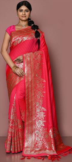 Bridal, Traditional, Wedding Pink and Majenta color Saree in Banarasi Silk, Silk fabric with South Embroidered, Stone, Thread work : 1855762