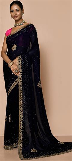 Bridal, Wedding Blue color Saree in Georgette fabric with Classic Cut Dana, Stone work : 1855765