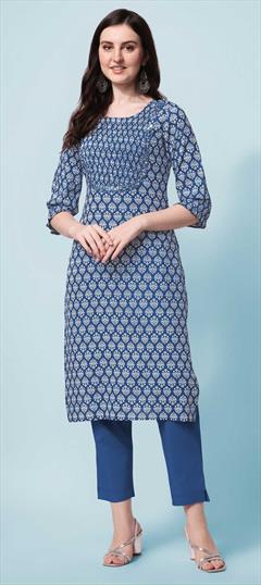 Casual Blue color Kurti in Rayon fabric with Long Sleeve, Straight Printed work : 1855767