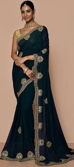 Bridal, Wedding Blue color Saree in Georgette fabric with Classic Bugle Beads, Cut Dana, Stone work : 1855769