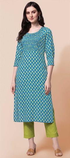Casual Blue color Kurti in Rayon fabric with Long Sleeve, Straight Printed work : 1855775
