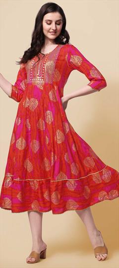 Casual Orange, Pink and Majenta color Kurti in Cotton fabric with Anarkali, Long Sleeve Printed work : 1855777
