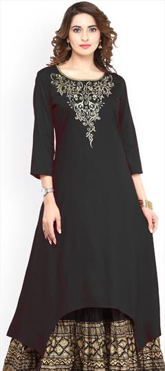 Casual Black and Grey color Kurti in Rayon fabric with Asymmetrical, Long Sleeve Embroidered, Thread work : 1855864