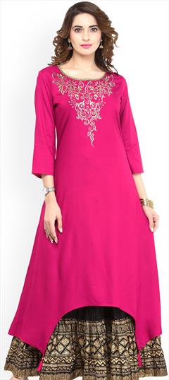 Casual Pink and Majenta color Kurti in Rayon fabric with Asymmetrical, Long Sleeve Embroidered, Thread work : 1855866
