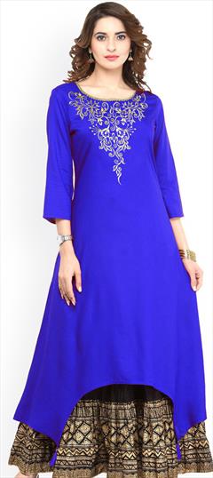 Casual Blue color Kurti in Rayon fabric with Asymmetrical, Long Sleeve Embroidered, Thread work : 1855869