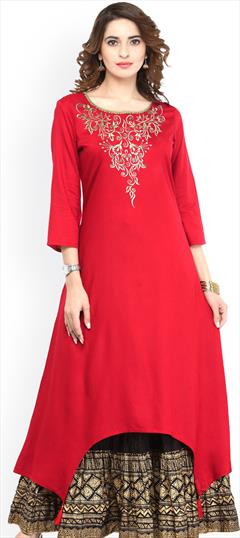 Casual Red and Maroon color Kurti in Rayon fabric with Asymmetrical, Long Sleeve Embroidered, Thread work : 1855871