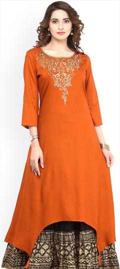 Casual Orange color Kurti in Rayon fabric with Long Sleeve, Straight Embroidered, Thread work : 1855873