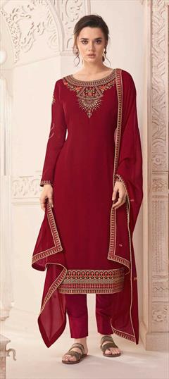 Festive, Mehendi Sangeet Red and Maroon color Salwar Kameez in Georgette fabric with Straight Embroidered work : 1855980