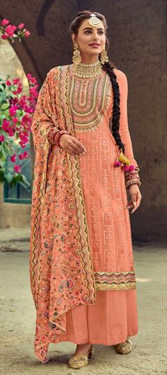 Festive, Mehendi Sangeet Pink and Majenta color Salwar Kameez in Georgette fabric with Patiala Embroidered work : 1855987