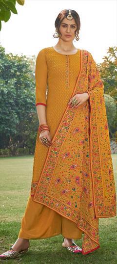 Festive, Mehendi Sangeet Yellow color Salwar Kameez in Georgette fabric with Straight Embroidered, Stone work : 1855991