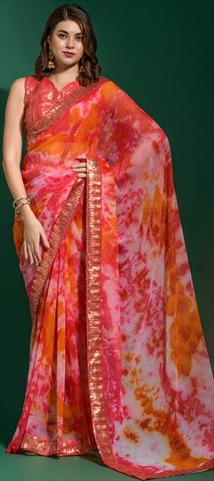 Casual, Festive Multicolor color Saree in Chiffon fabric with Classic Border, Printed, Sequence work : 1855997