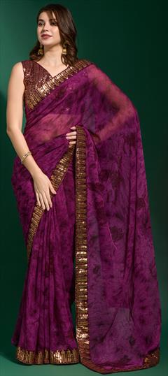 Casual, Festive Pink and Majenta color Saree in Chiffon fabric with Classic Border, Printed, Sequence work : 1856004