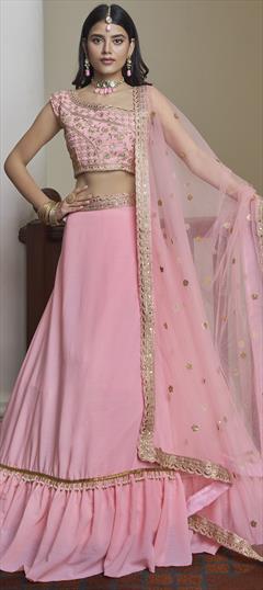 Engagement, Reception, Wedding Pink and Majenta color Lehenga in Art Silk fabric with Umbrella Shape Embroidered, Mirror, Sequence, Thread, Zari work : 1856027