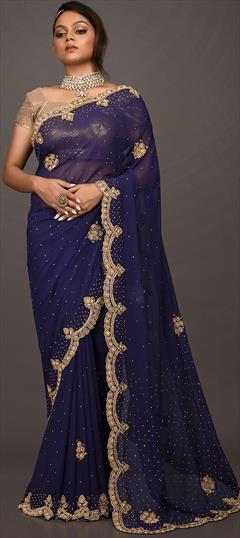 Mehendi Sangeet, Reception Blue color Saree in Georgette fabric with Classic Bugle Beads, Cut Dana, Stone work : 1856089