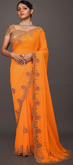 Mehendi Sangeet, Reception Yellow color Saree in Georgette fabric with Classic Bugle Beads, Cut Dana, Stone work : 1856093