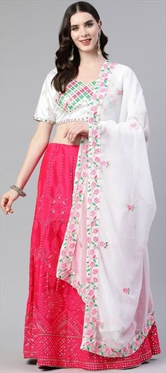 Mehendi Sangeet, Reception, Wedding Pink and Majenta color Lehenga in Semi Velvet fabric with A Line Embroidered, Mirror, Resham, Thread work : 1856304
