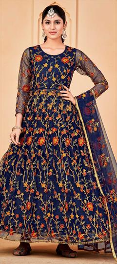 Party Wear Blue color Salwar Kameez in Net fabric with Anarkali Embroidered, Resham, Thread, Zari work : 1856333