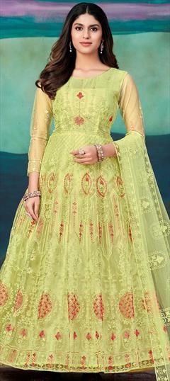 Party Wear Yellow color Salwar Kameez in Net fabric with Anarkali Embroidered, Resham, Thread, Zari work : 1856334