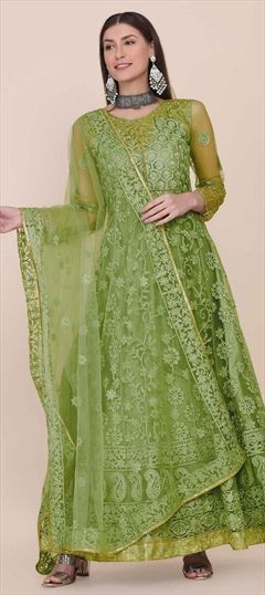 Party Wear, Reception Green color Salwar Kameez in Net fabric with Anarkali Embroidered, Resham, Stone, Thread, Zari work : 1856352