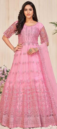 Party Wear, Reception Pink and Majenta color Salwar Kameez in Net fabric with Anarkali Embroidered, Resham, Stone, Thread work : 1856357