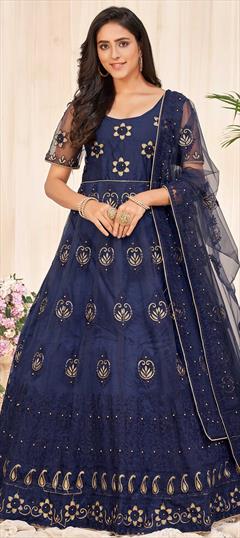 Party Wear, Reception Blue color Salwar Kameez in Net fabric with Anarkali Embroidered, Resham, Stone, Thread, Zari work : 1856359