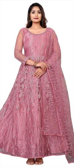 Party Wear, Reception Pink and Majenta color Salwar Kameez in Net fabric with Anarkali Embroidered, Resham, Stone, Thread work : 1856362