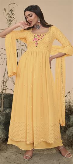 Engagement, Reception Yellow color Salwar Kameez in Georgette fabric with Palazzo, Straight Embroidered, Resham, Sequence, Thread work : 1856424