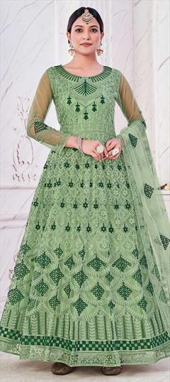 Mehendi Sangeet, Reception Green color Salwar Kameez in Net fabric with Anarkali Embroidered, Resham, Sequence, Thread work : 1856631