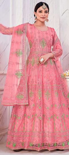 Mehendi Sangeet, Reception Pink and Majenta color Salwar Kameez in Net fabric with Anarkali Embroidered, Resham, Sequence, Thread work : 1856632