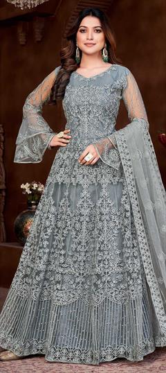 Mehendi Sangeet, Reception Black and Grey color Salwar Kameez in Net fabric with Anarkali Embroidered, Resham, Sequence, Thread work : 1856634