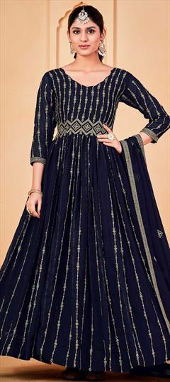 Mehendi Sangeet, Reception Blue color Salwar Kameez in Georgette fabric with Anarkali Embroidered, Resham, Sequence, Thread work : 1856635