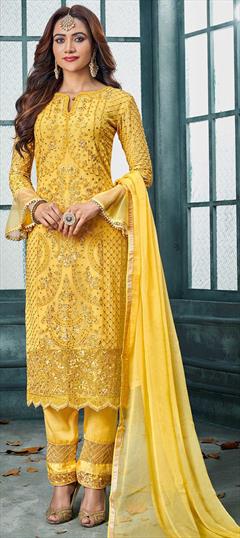 Bollywood Yellow color Salwar Kameez in Georgette fabric with Straight Embroidered, Stone, Thread, Zari work : 1856663