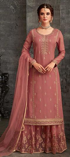 Bollywood Pink and Majenta color Salwar Kameez in Georgette fabric with Palazzo, Straight Embroidered, Stone, Thread, Zari work : 1856665