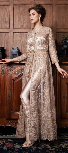 Bollywood Gold color Salwar Kameez in Net fabric with Slits Embroidered, Stone, Thread, Zari work : 1856674