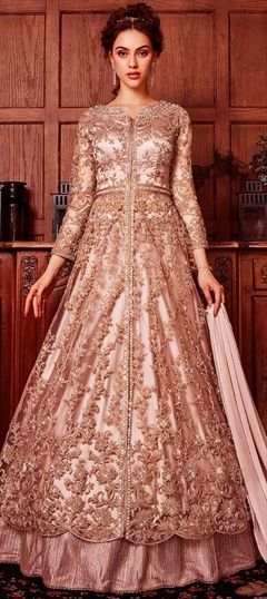 Bollywood Gold color Long Lehenga Choli in Net fabric with Embroidered, Stone, Thread, Zari work : 1856675
