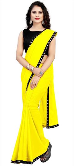 Casual Yellow color Saree in Faux Georgette fabric with Classic Lace work : 1856727