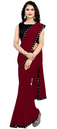 Casual Red and Maroon color Saree in Faux Georgette fabric with Classic Lace work : 1856728