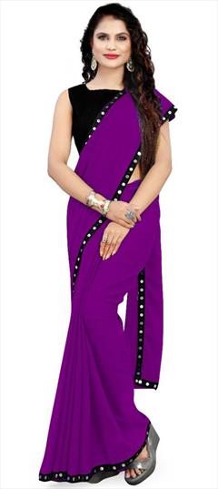 Casual Purple and Violet color Saree in Faux Georgette fabric with Classic Lace work : 1856730